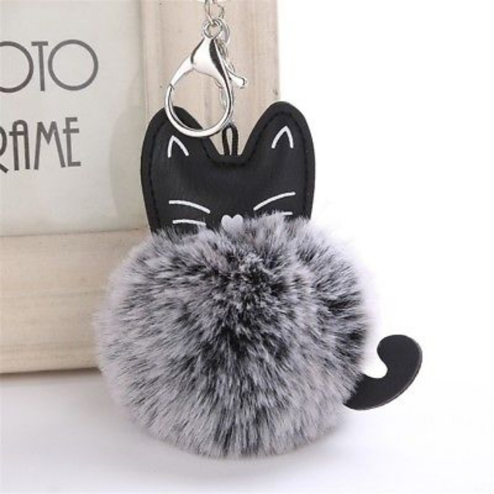 Black Gray Pompom Kitty Keychain